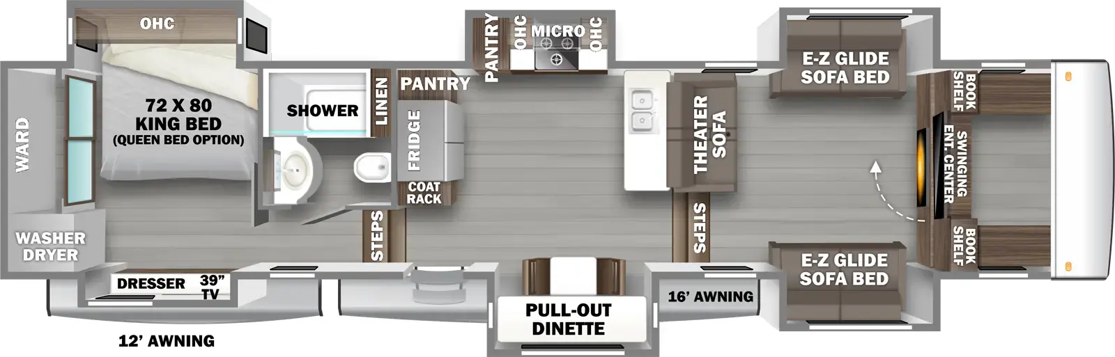 The 425FO has 6 slideouts and one entry. Exterior features a 12 foot awning and 16 foot awning. Interior layout front to back: swinging entertainment center with book shelves on each side, opposing e-z glide sofa bed slideouts, and theater sofa along inner wall; steps down to kitchen area; counter with sink along inner wall, off-door side slideout with cooktop, microwave, overhead cabinet and pantry, door side slideout with pull-out dinette, entry, and coat rack, refrigerator and pantry along inner wall; steps up to rear bedroom and bathroom; off-door side full bathroom with linen closet; rear bedroom with off-door side king bed (optional queen bed) slideout with overhead cabinet, door side slideout with dresser and TV, and rear wardrobe with washer and dryer.